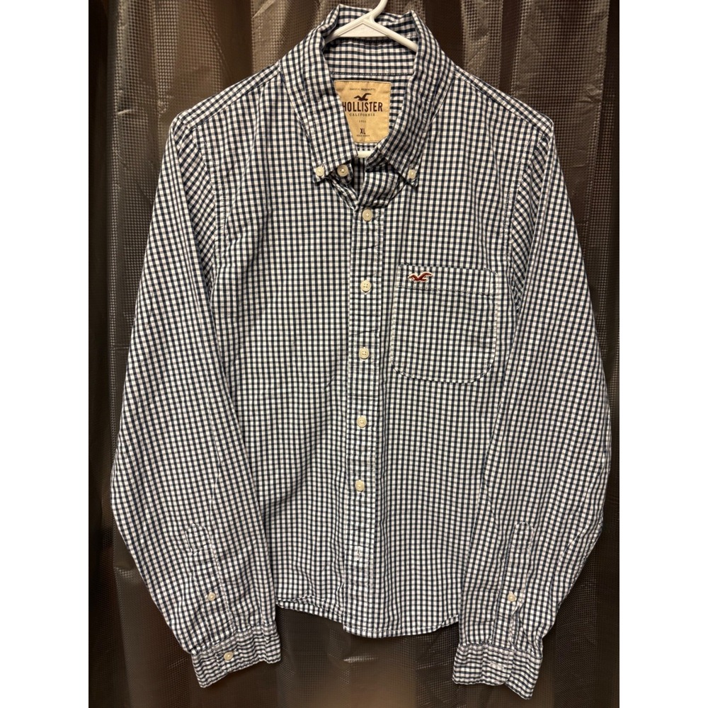 Hollister Button Up Shirt Mens Extra Large Blue White Check Long Sleeve Preppy